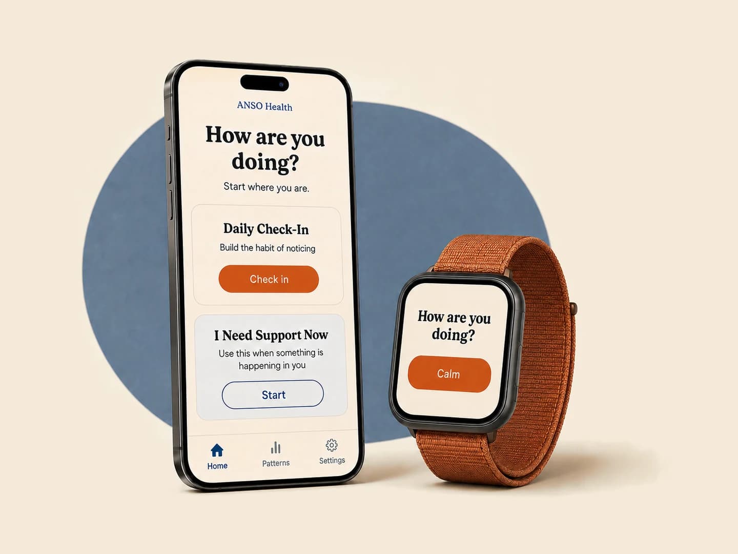 La app de ANSO Health en un teléfono y un reloj, ambos preguntando "¿Cómo estás?"